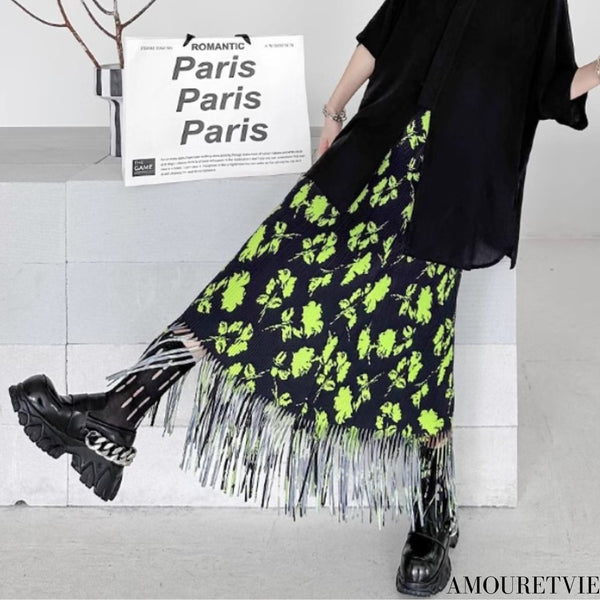 タッセルロングスカート グリーン フラワーフリンジ /レディース モレビー|モード系ファッションブランド